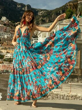 Antica Sartoria Turquoise Floral Backless Maxi Dress starburst & corals O/S NWT